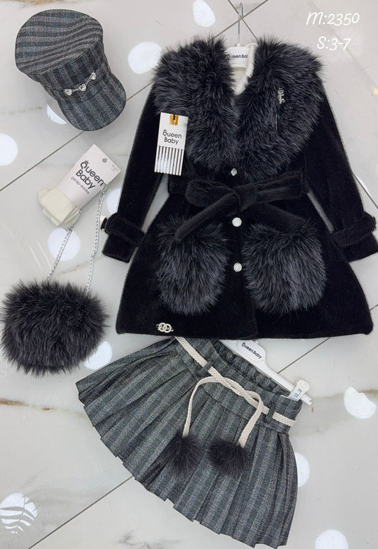 Black fur Coat Set preorder 🖤coat hat bag & skirt