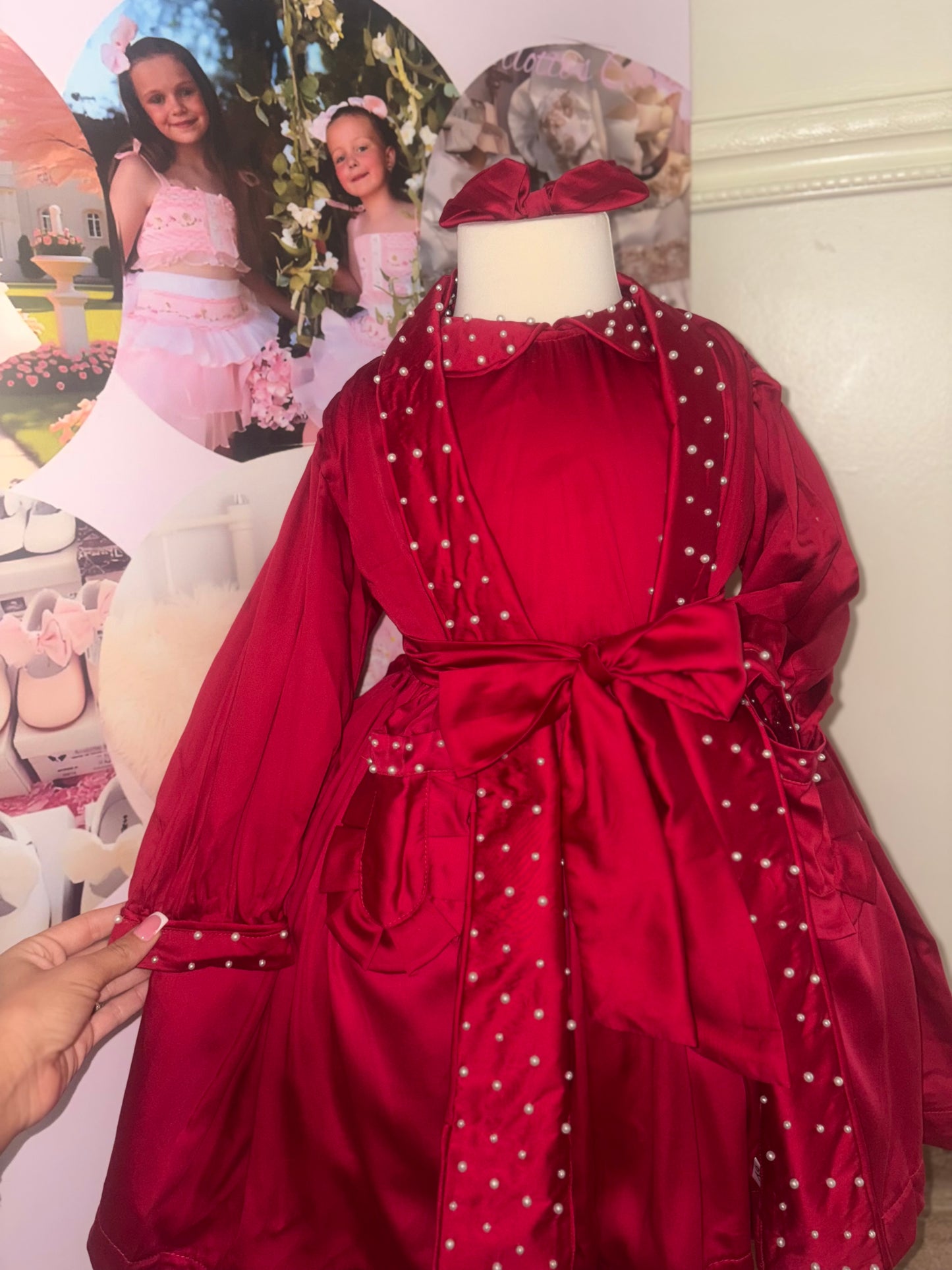 Red Pearl Nightset , night dress , matching robe , bloomer & bows or headband INSTOCK ❤️