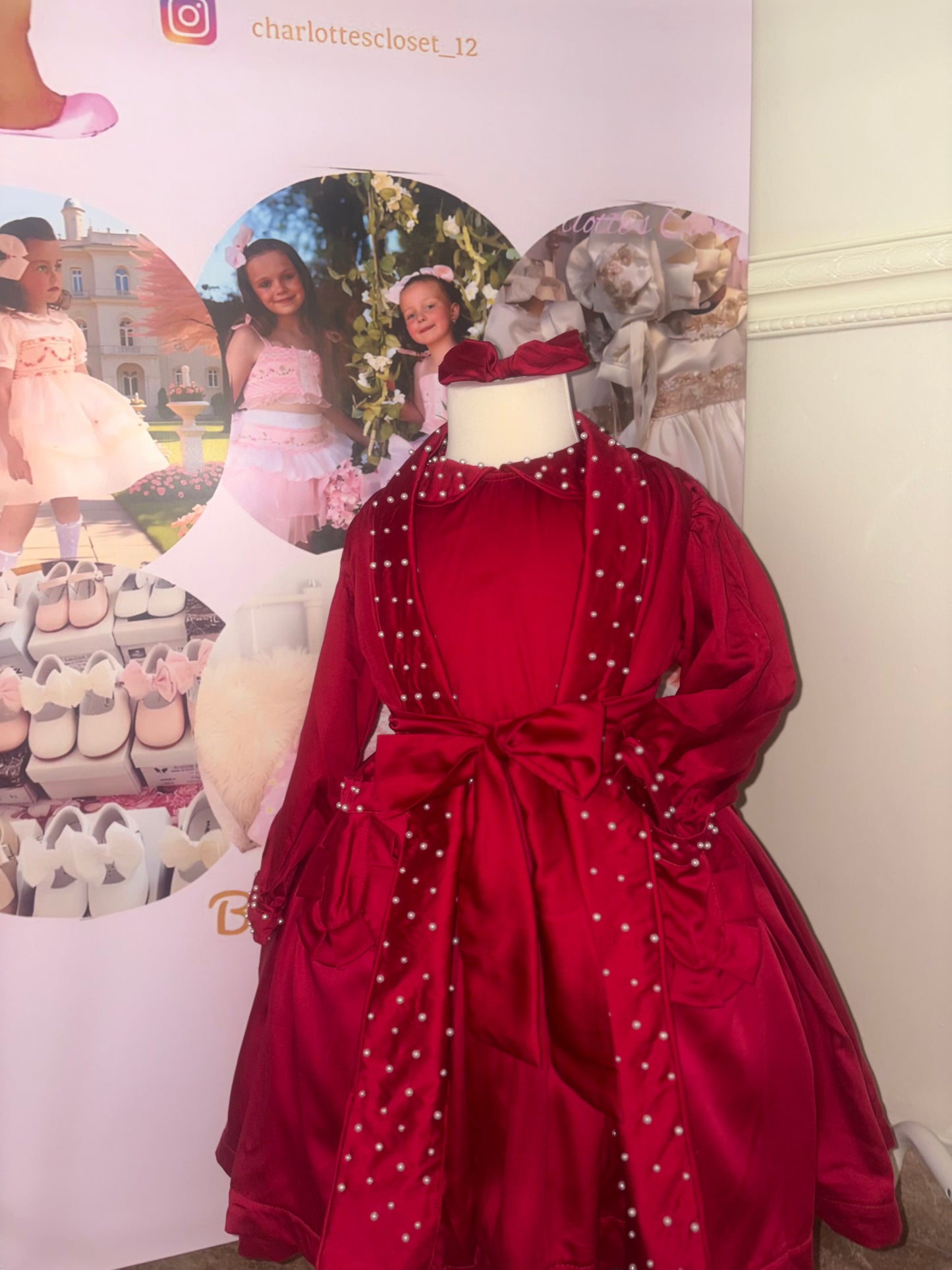 Red Pearl Nightset , night dress , matching robe , bloomer & bows or headband INSTOCK ❤️
