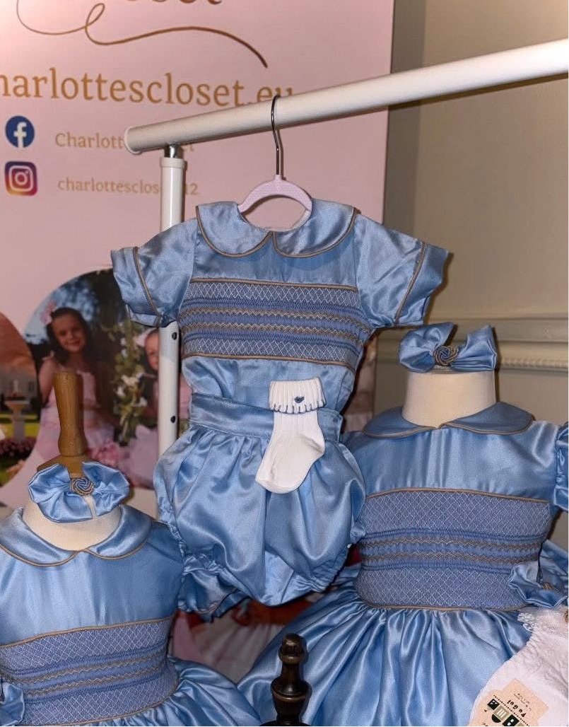 beige , blue BOY smock romper with matching embroidery socks preorder