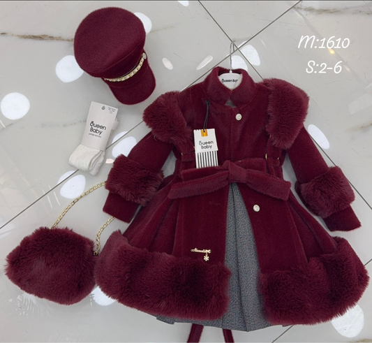 Burgundy fur Coat & hat & bag set & dress
