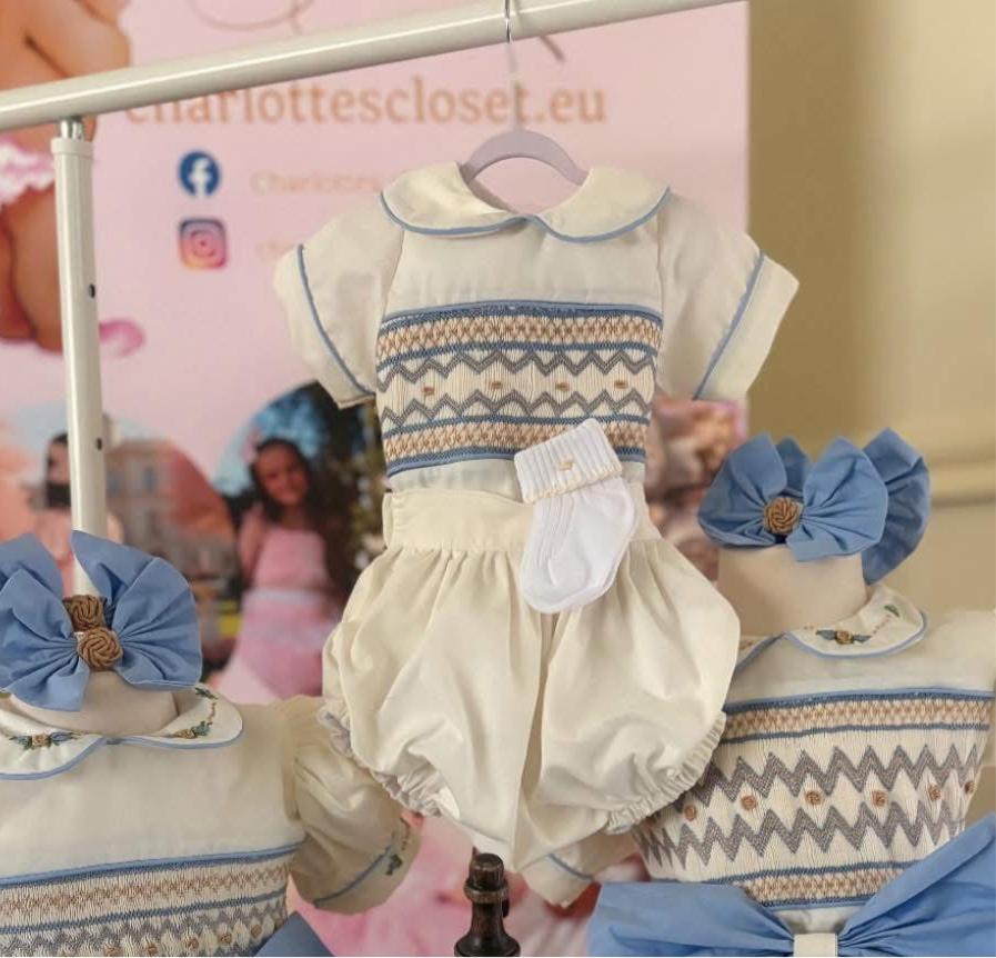 Cream , beige , blue BOY smock romper with matching embroidery socks preorder