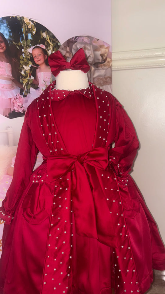 Red Pearl Nightset , night dress , matching robe , bloomer & bows or headband INSTOCK ❤️