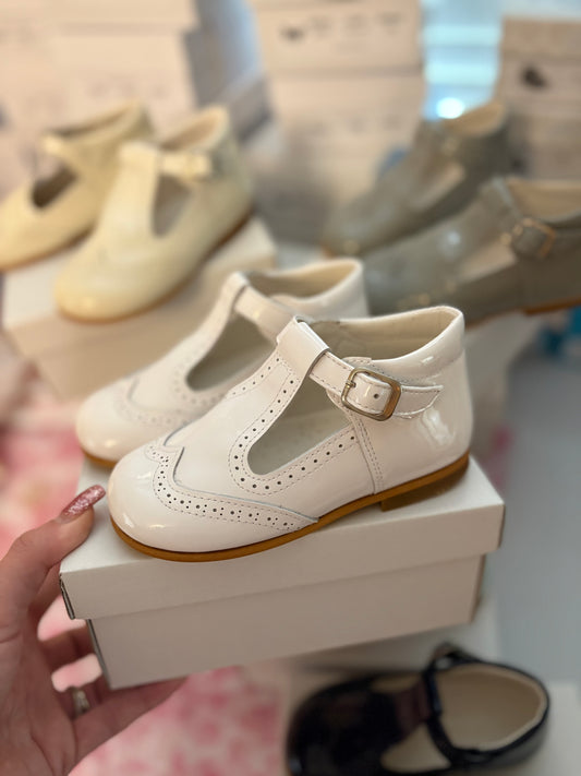 T bar patent shoes white