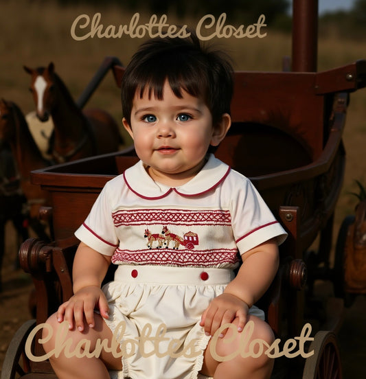 Smock pony boys Red & cream romper 🐴👑❤️preorder