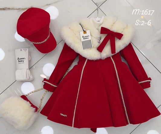 Red & Cream dress fur Coat & hat & bag set ❤️❤️