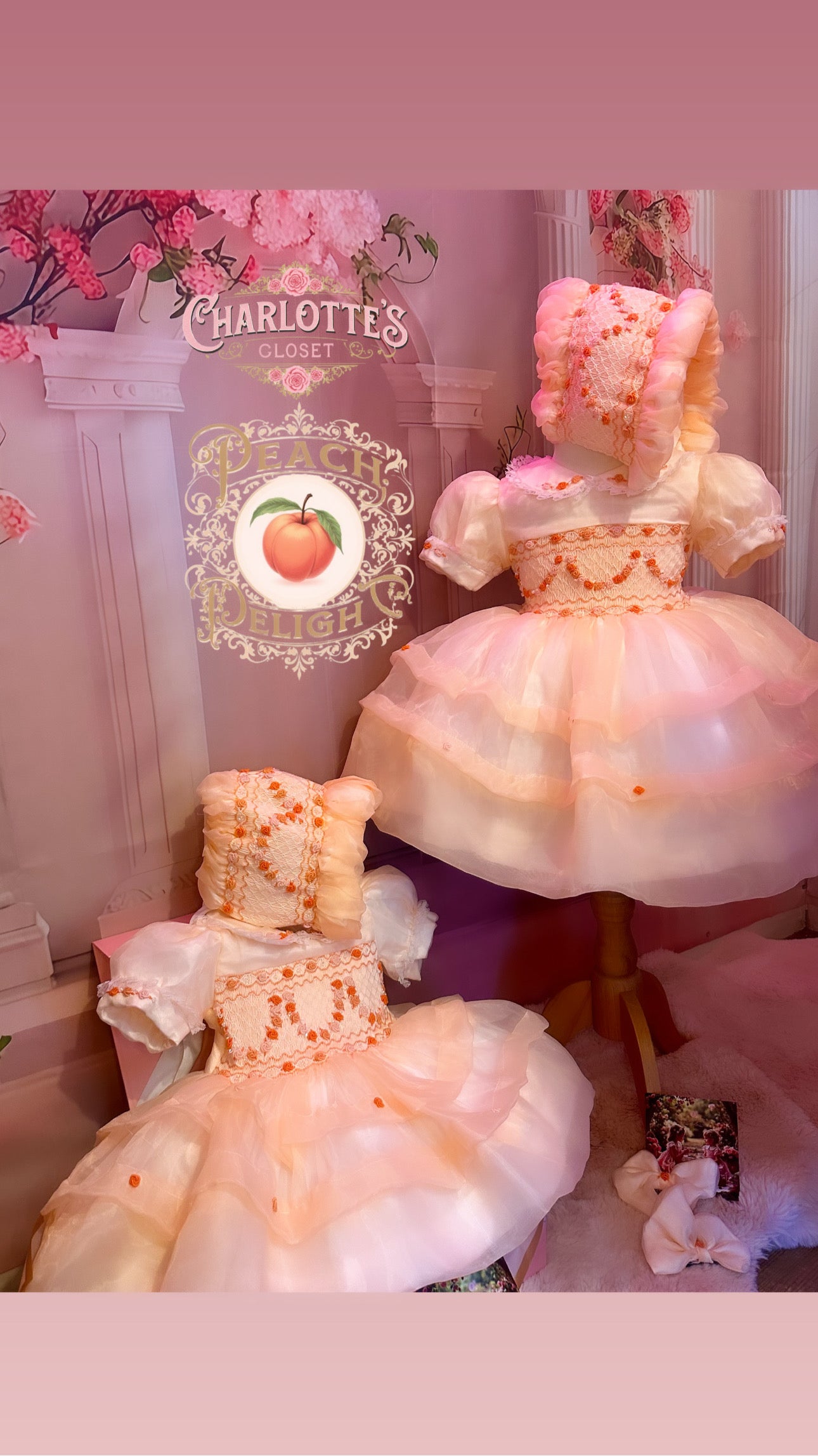 🍑⚜️Peach Delight 🍑⚜️new smocked dress & smock bonnet set instock