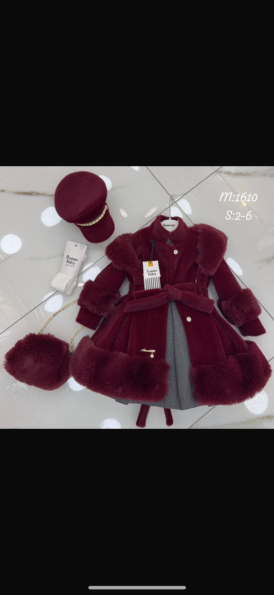 Burgundy fur Coat & hat & bag set & dress