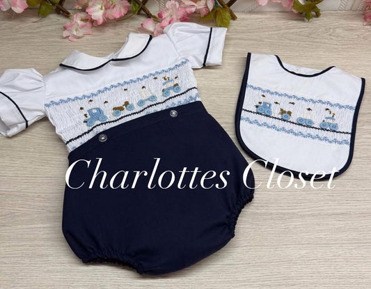 Navy Smock romper set with baby blue trains embroidery ๐ฉต boy