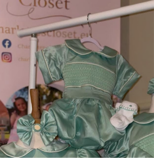 Mint green and cream BOY smock romper with matching embroidery socks preorder