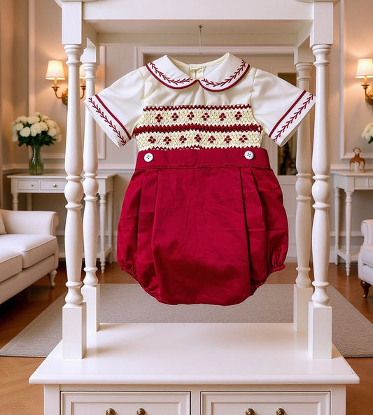 Boys red & cream smock romper