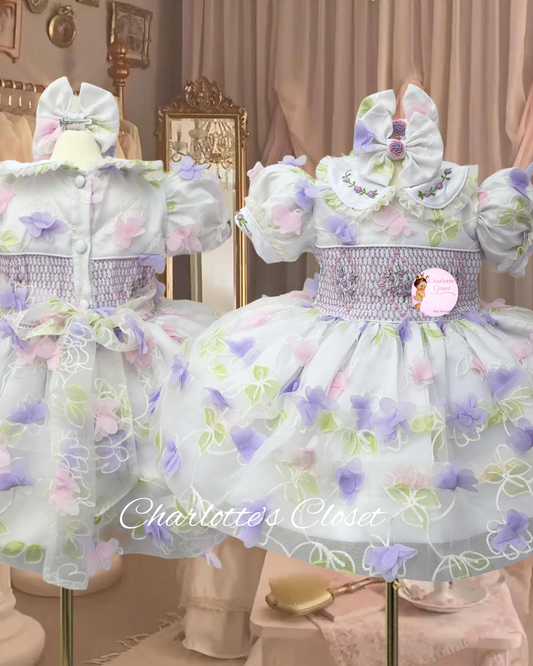 💜🌸Lilac & pink Blossom 🌸  💜3d flower exclusive smock dress SS24