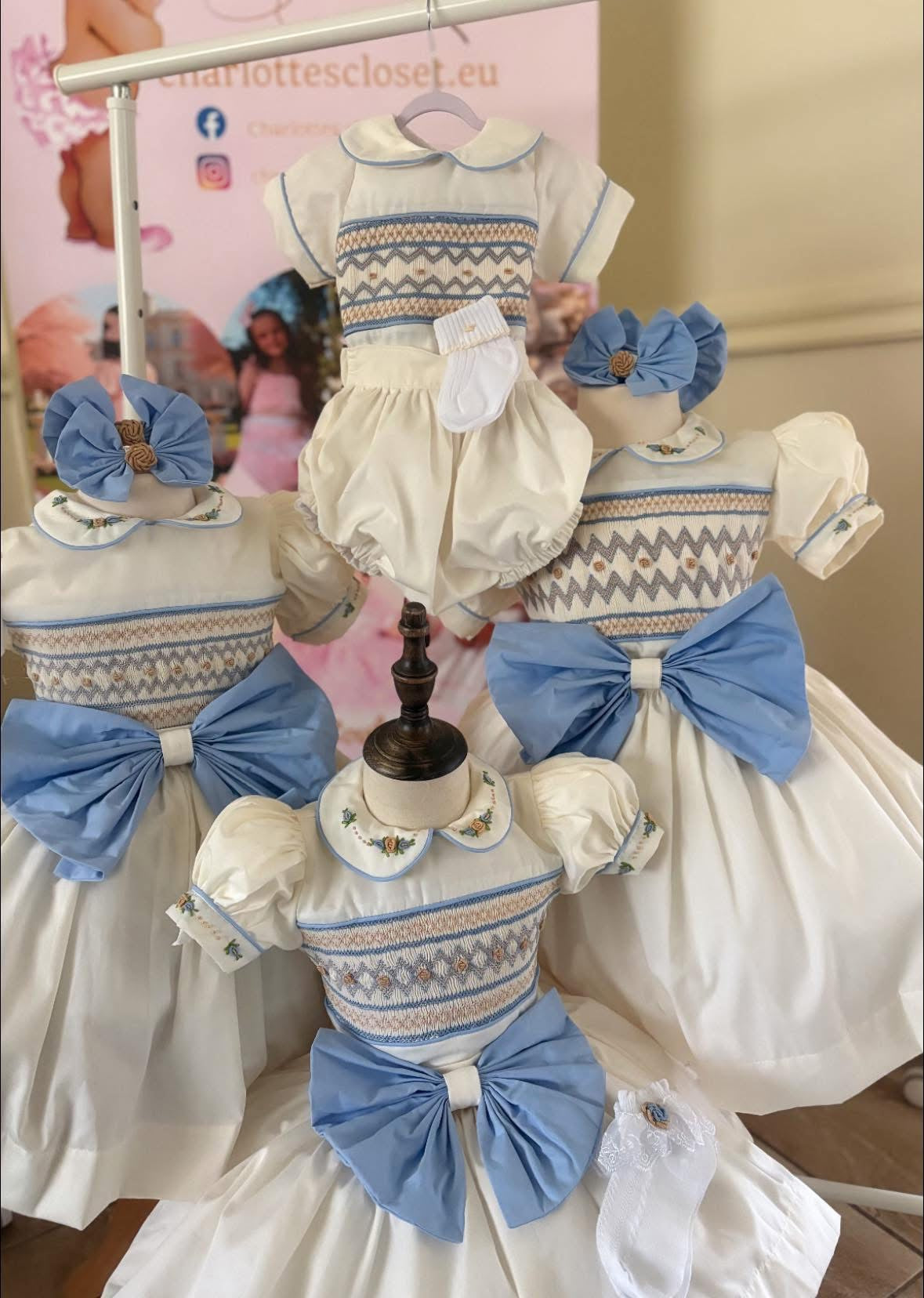 New season cream & baby blue & beige smock skirt set with matching bows preorder 💎 GIRL