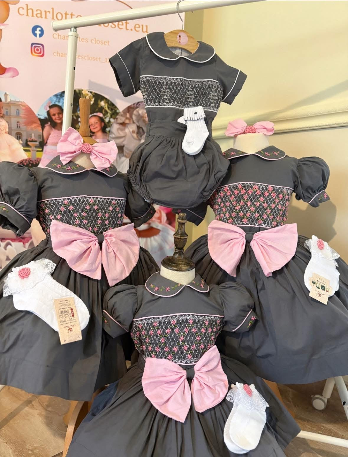 Grey BOY smock romper with matching embroidery socks preorder