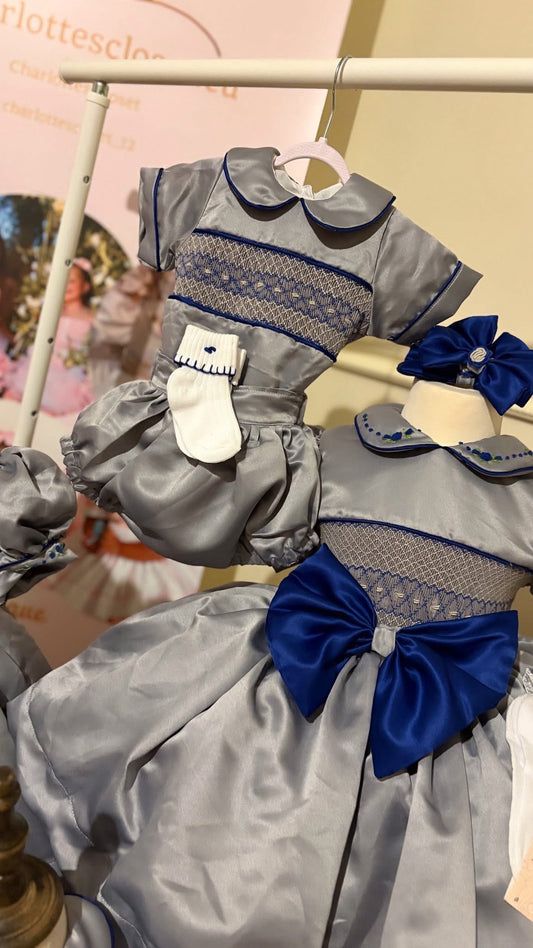 Grey & royal blue BOY smock romper with matching embroidery socks preorder