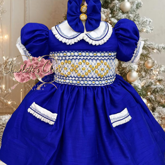 Royal blue raw silk & gold smock 🪡