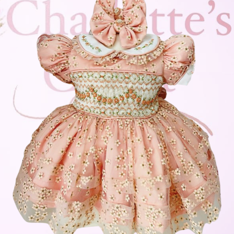 Blush peach Daisy dress gold details preorder