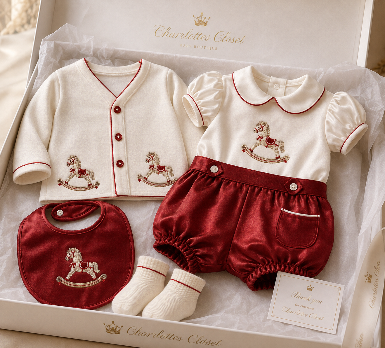 Rocking horse set with romper cardigan, socks , bib preorder