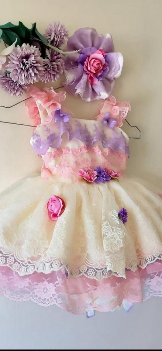 New season 2026 Handmade Spanish dress cream pink lilac