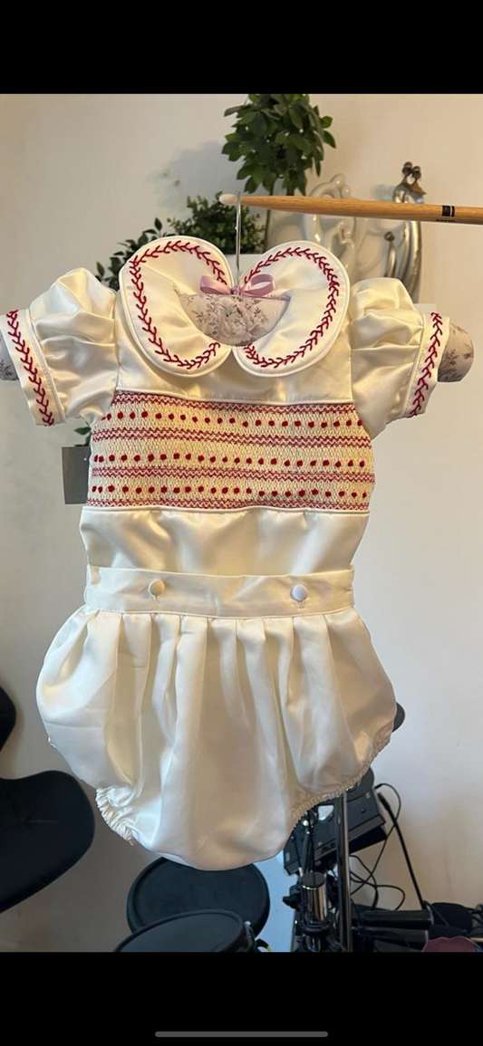 Boys lux cream and red smock