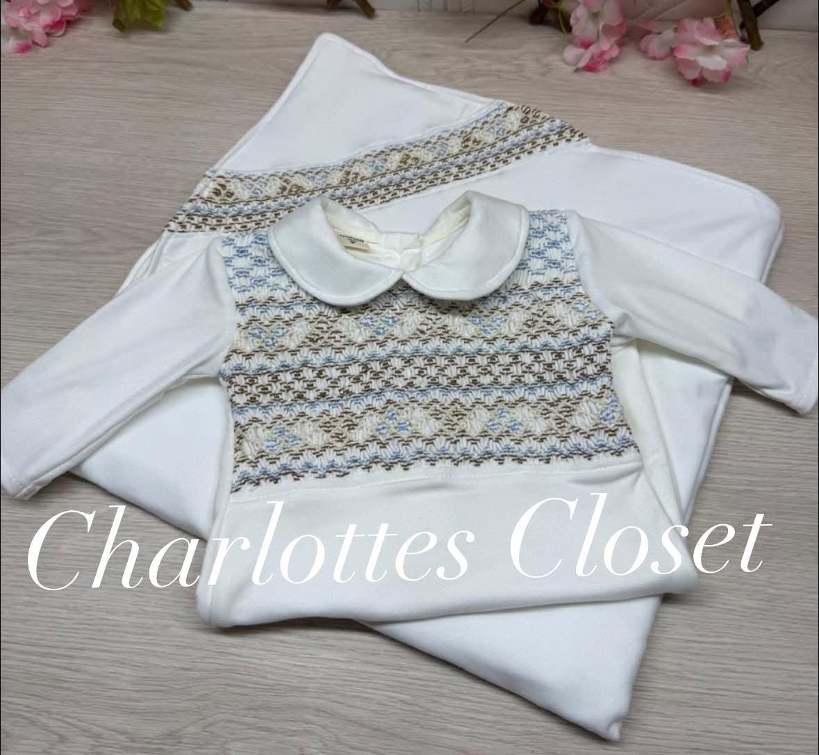 Hand smock babygrow and smock blanket beige cream and blue 🩵instock