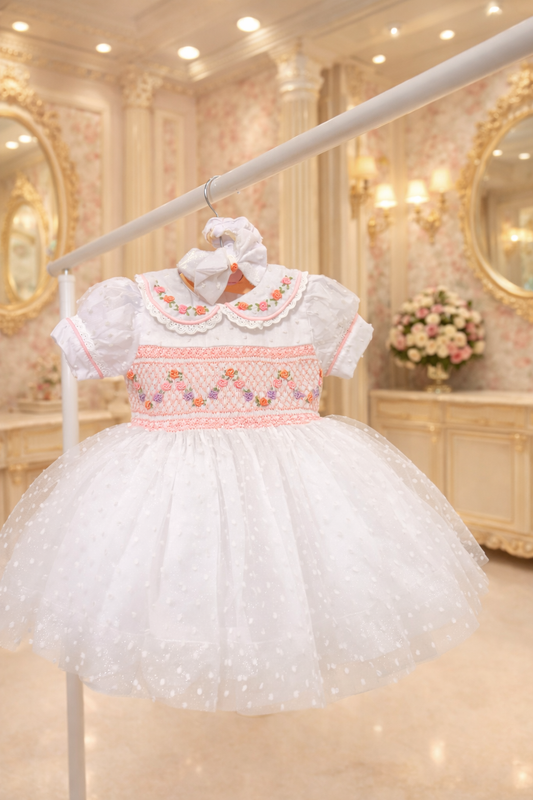 SS26 white Swiss dot smock with peach pink & lilacs embroidery instock 💖