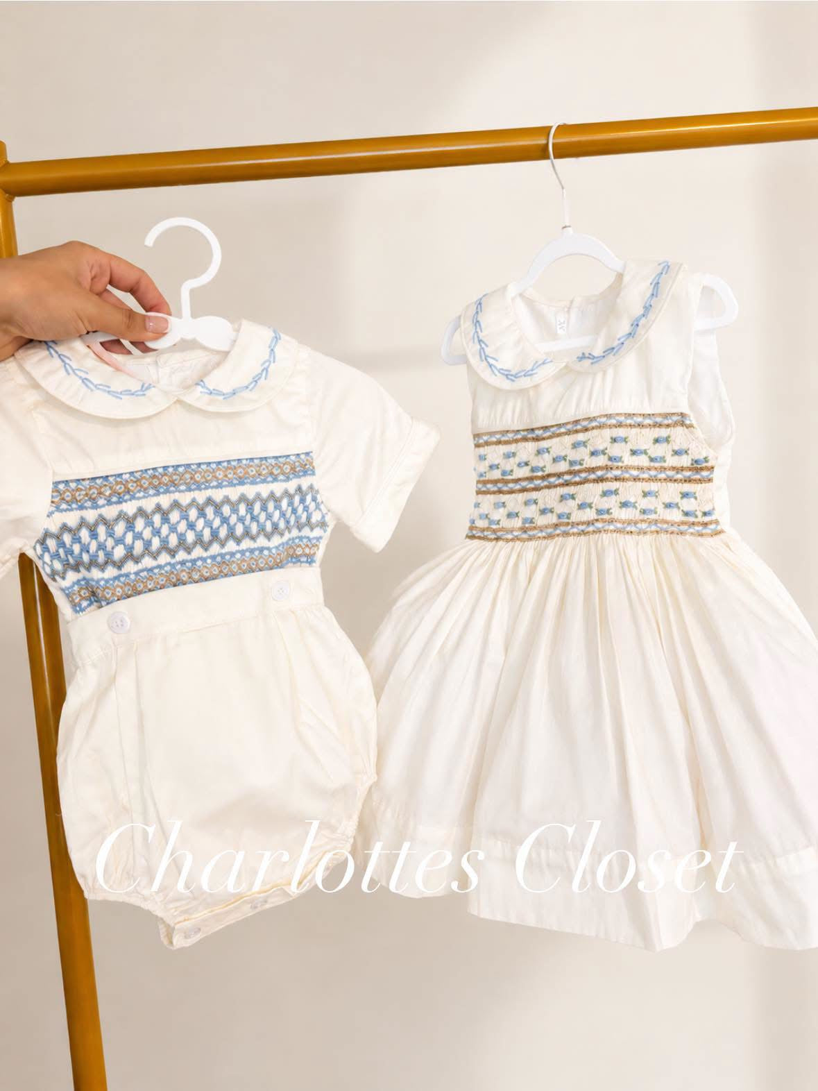 Boys cream romper blue beige smock