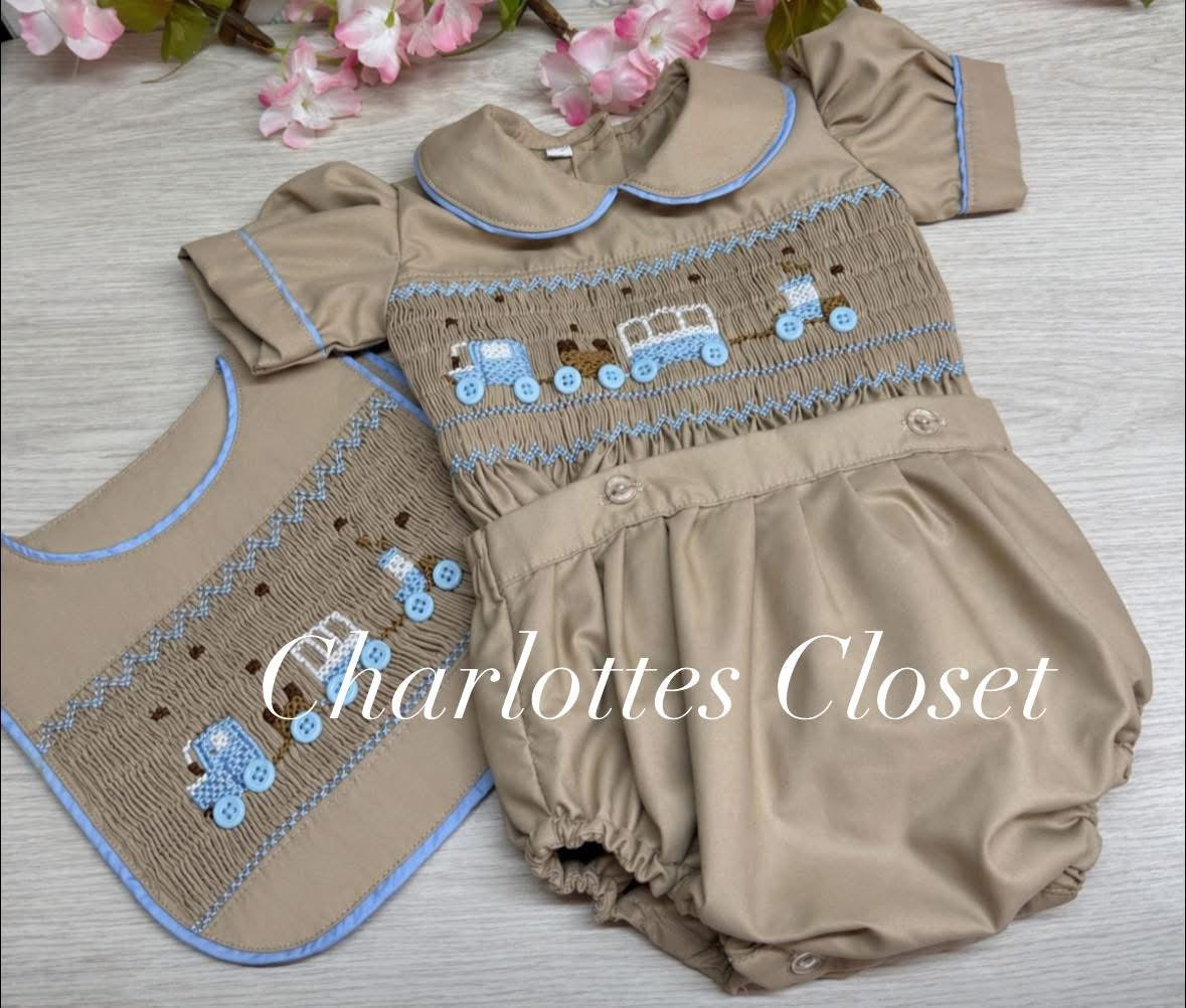 Beige Smock romper set with baby blue trains embroidery 🩵boy