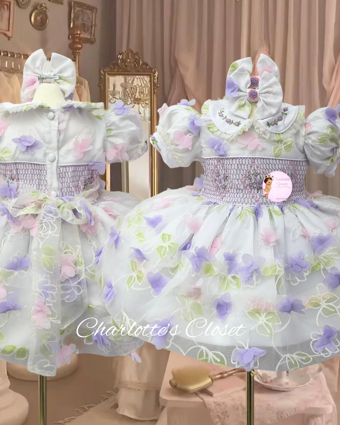 💜🌸Lilac & pink Blossom 🌸  💜3d flower exclusive smock dress SS24