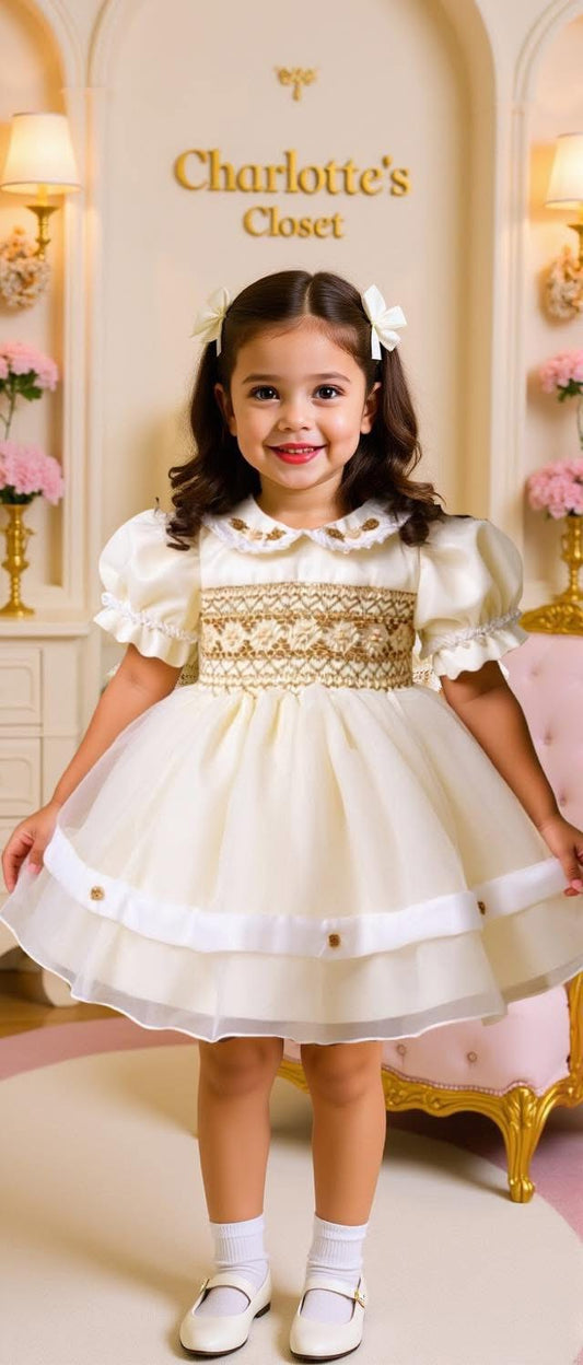 ‘Lucy ‘ our Cream organza with gold and beige smock