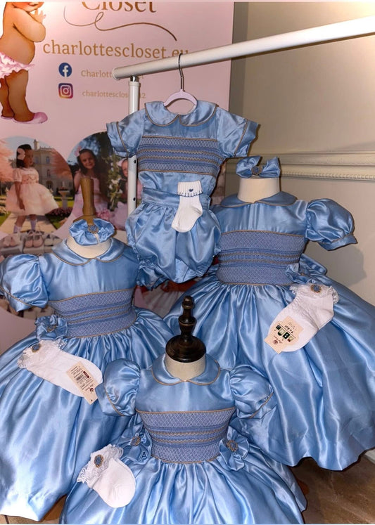New season blue Satin & Beige smock dress with matching bows preorder 💎 GIRL