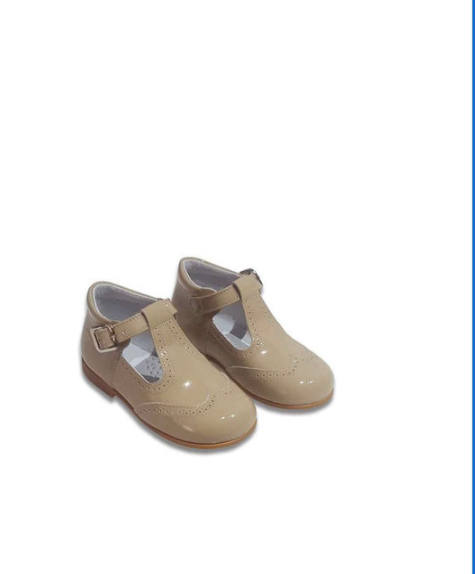 Boys beige Tbar patent shoes